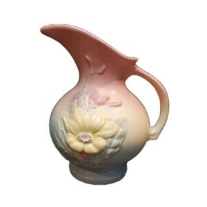 Hull Magnolia Ewer Vase Pitcher #5 - 7" Tall Matte Pink Blue Floral Pottery Vtg